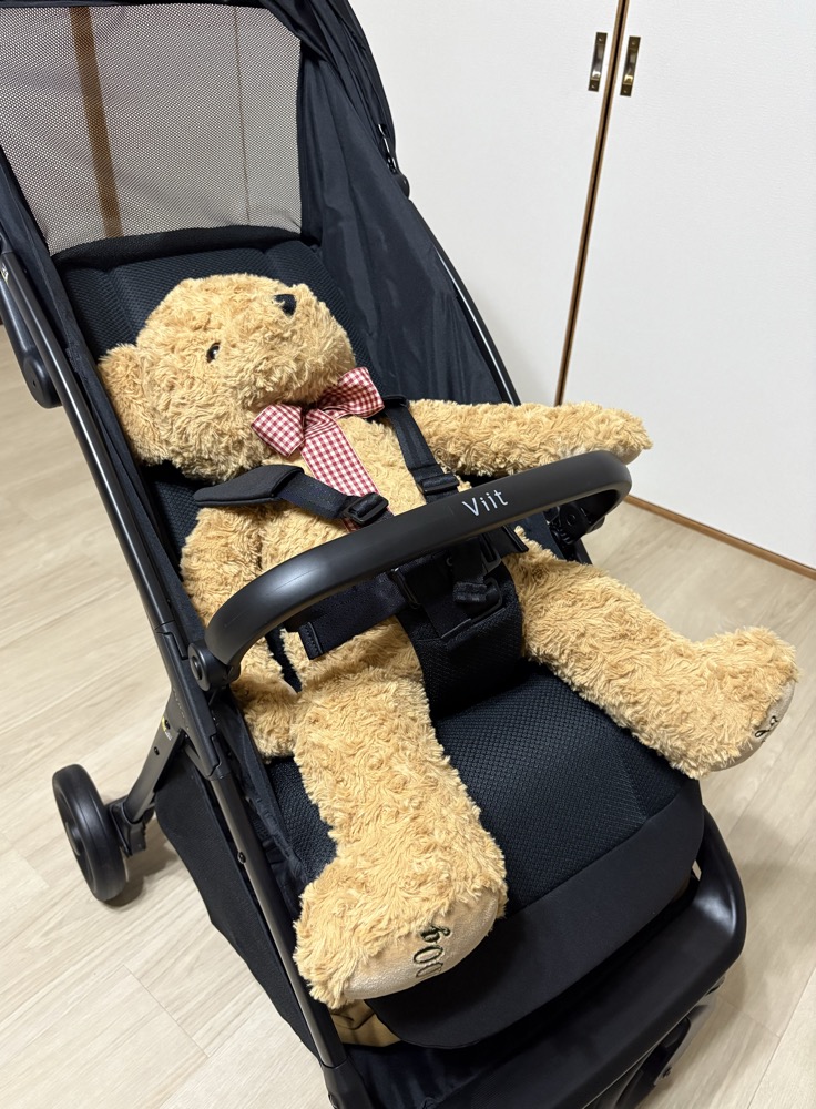 ヴィットのシートに座ったテディベア（生後すぐのサイズ想定）