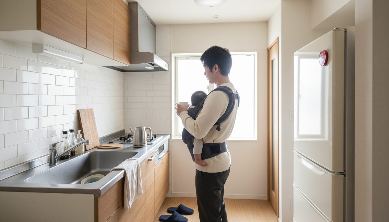 朝のキッチンで抱っこ紐を使いながらコーヒーを飲むパパ