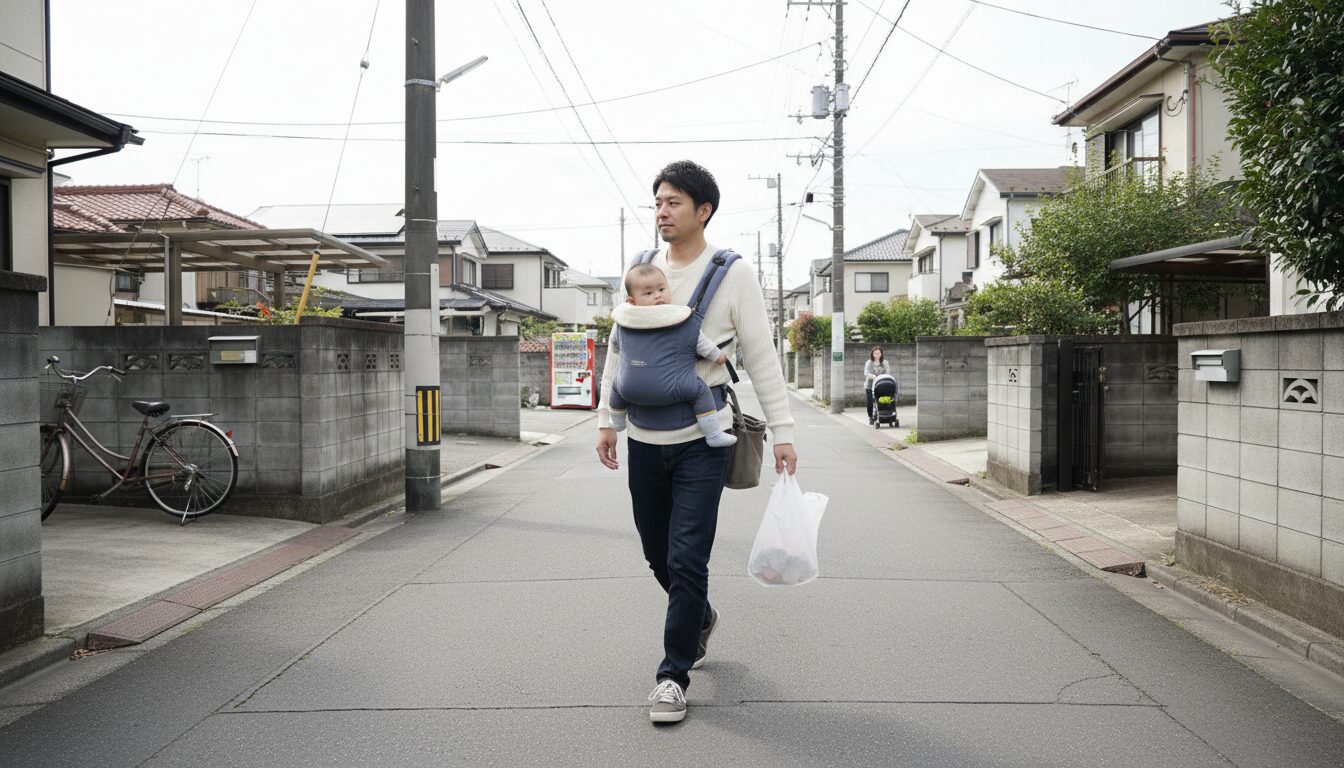 ハーモニーで赤ちゃんを前抱っこし、住宅街を散歩するパパ